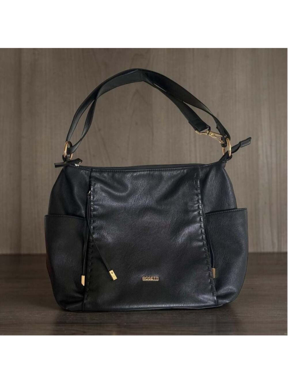 Rosetti Black Faux Leather Boho Shoulder Bag Side Pockets